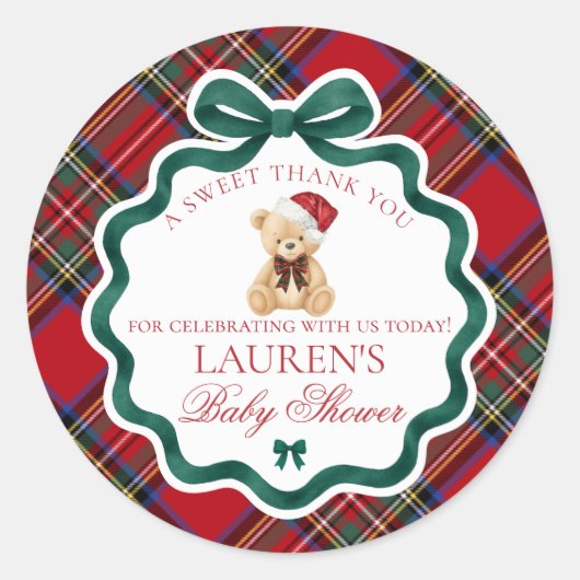 Red Tartan Plaid Christmas Bear Baby Shower Favor Ronde Sticker (Voorkant)