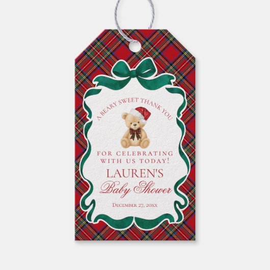 Red Tartan Plaid Christmas Bear Baby Shower Favors Cadeaulabel (Voorkant)