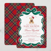 Red Tartan Plaid Christmas Bear Baby Shower Kaart (Voorkant / Achterkant)