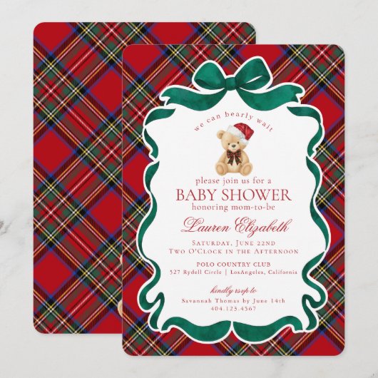 Red Tartan Plaid Christmas Bear Baby Shower Kaart (Voorkant / Achterkant)