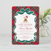 Red Tartan Plaid Christmas Bear Baby Shower Kaart (Staand voorkant)