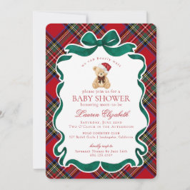 Red Tartan Plaid Christmas Bear Baby Shower Kaart