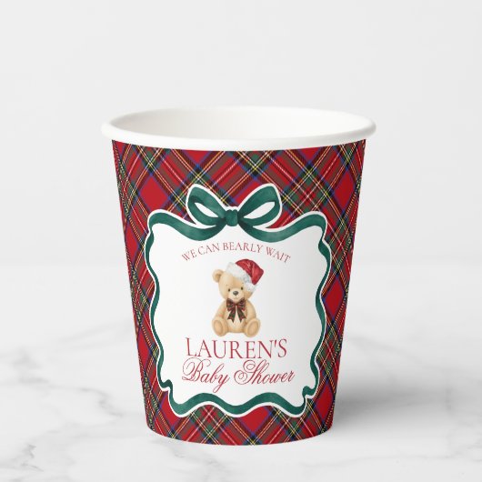 Red Tartan Plaid Christmas Bear Baby Shower Papieren Bekers (Voorkant)