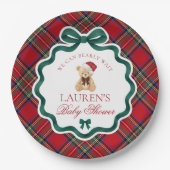 Red Tartan Plaid Christmas Bear Baby Shower  Papieren Bordje (Voorkant)