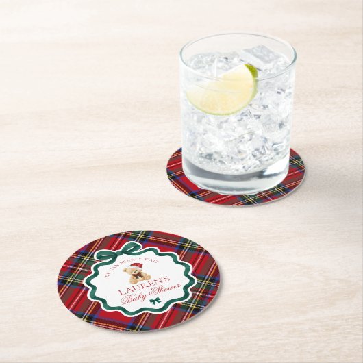 Red Tartan Plaid Christmas Bear Baby Shower  Ronde Kartonnen Onderzetter (Insitu)