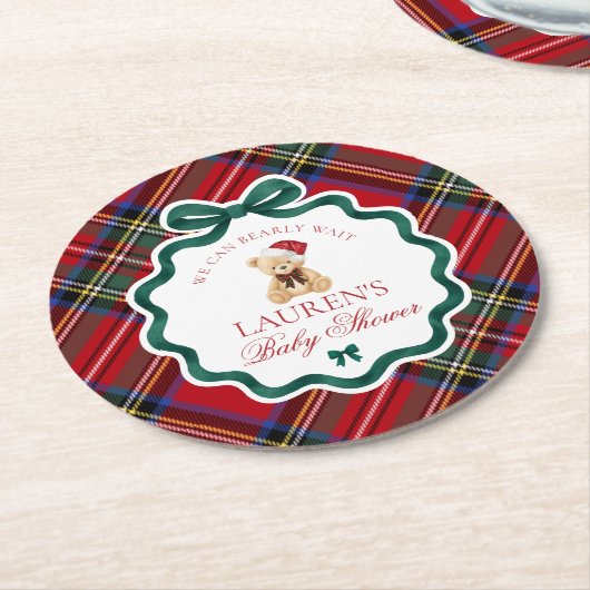 Red Tartan Plaid Christmas Bear Baby Shower  Ronde Kartonnen Onderzetter (Gebogen)