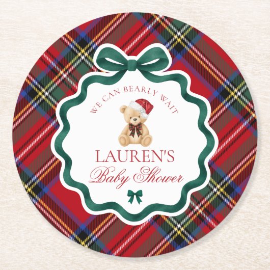 Red Tartan Plaid Christmas Bear Baby Shower  Ronde Kartonnen Onderzetter (Voorkant)