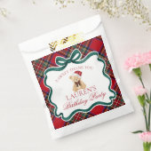 Red Tartan Plaid Christmas Bear Birthday Dessert Bedankzakje (Gezegeld)