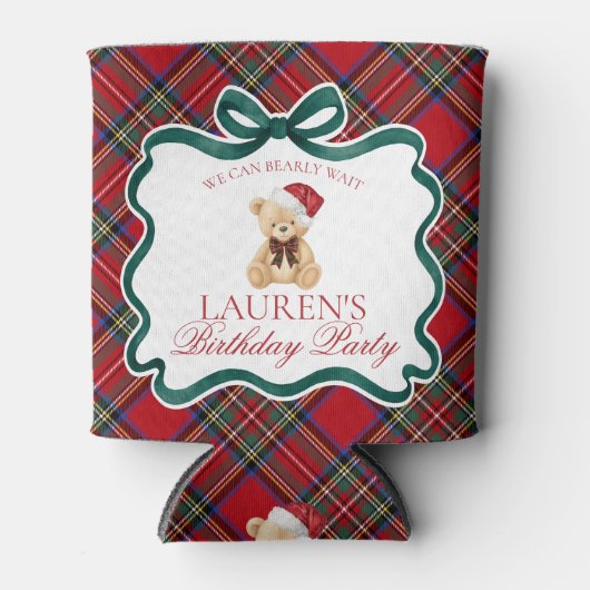 Red Tartan Plaid Christmas Bear Birthday Favor Blikjeskoeler (Voorkant)