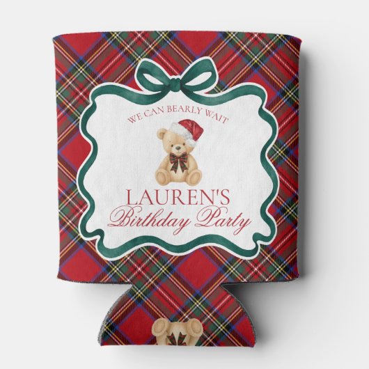 Red Tartan Plaid Christmas Bear Birthday Favor Blikjeskoeler (Achterkant)
