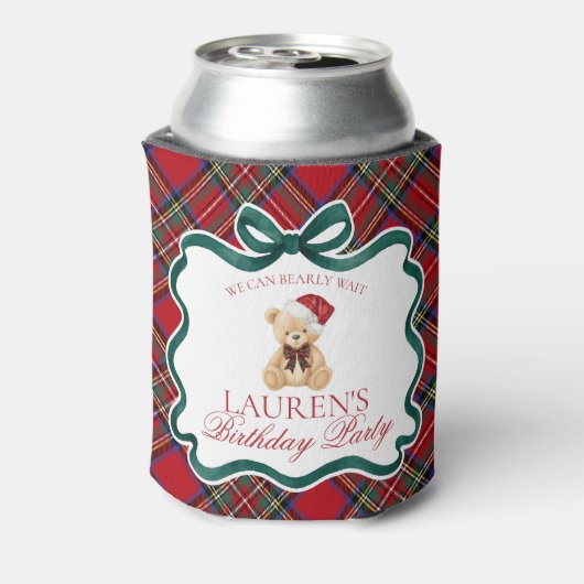 Red Tartan Plaid Christmas Bear Birthday Favor Blikjeskoeler (Blikje Achterkant)