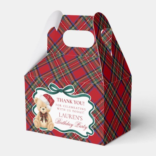Red Tartan Plaid Christmas Bear Birthday Favor Box Bedankdoosjes (Voorkant Zijde)