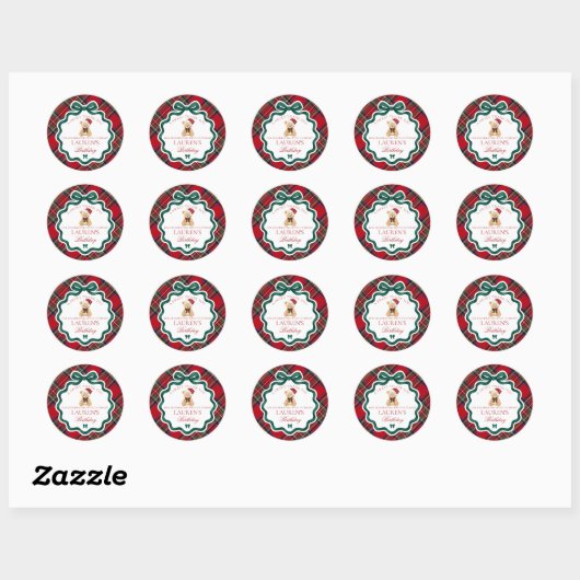 Red Tartan Plaid Christmas Bear Birthday Favor Ronde Sticker (Vel)