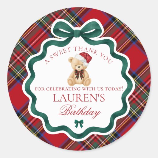 Red Tartan Plaid Christmas Bear Birthday Favor Ronde Sticker (Voorkant)
