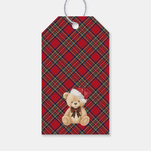 Red Tartan Plaid Christmas Bear Birthday Favors Cadeaulabel (Achterkant)