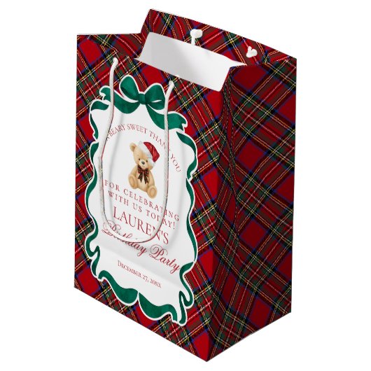 Red Tartan Plaid Christmas Bear Birthday Favors Medium Cadeauzakje (Achterkant Gekanteld)