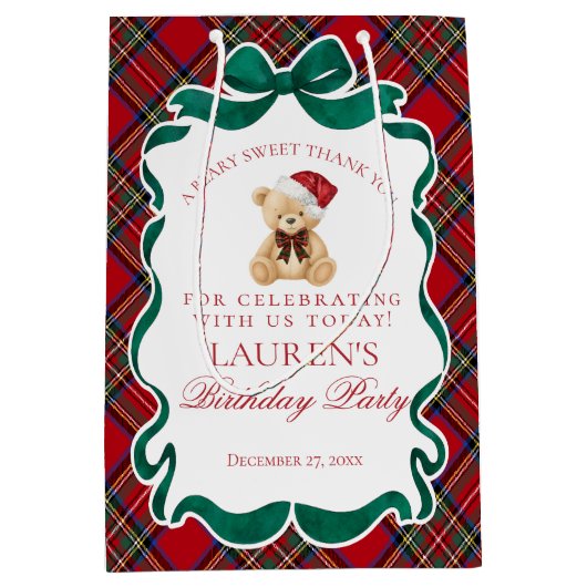 Red Tartan Plaid Christmas Bear Birthday Favors Medium Cadeauzakje (Voorkant)