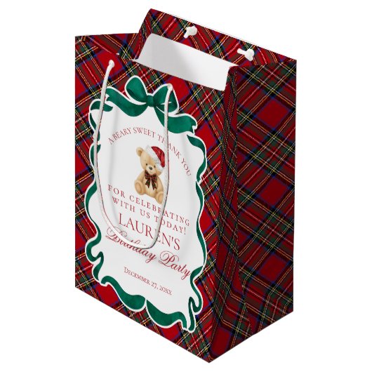 Red Tartan Plaid Christmas Bear Birthday Favors Medium Cadeauzakje (Voorkant Gekanteld)