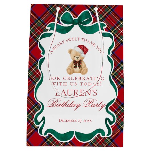 Red Tartan Plaid Christmas Bear Birthday Favors Medium Cadeauzakje (Achterkant)