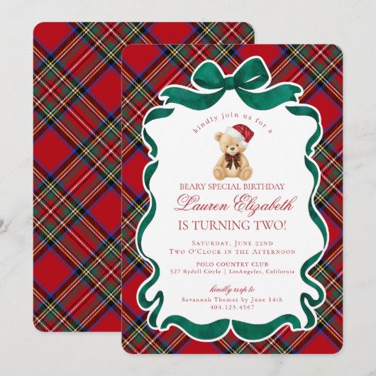 Red Tartan Plaid Christmas Bear Birthday Kaart (Voorkant / Achterkant)