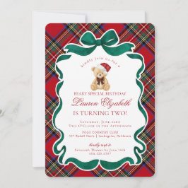 Red Tartan Plaid Christmas Bear Birthday Kaart