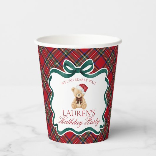 Red Tartan Plaid Christmas Bear Birthday Party Papieren Bekers (Achterkant)