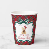 Red Tartan Plaid Christmas Bear Birthday Party Papieren Bekers (Voorkant)