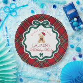 Red Tartan Plaid Christmas Bear Birthday Party  Papieren Bordje (Feest)
