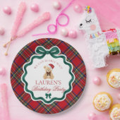 Red Tartan Plaid Christmas Bear Birthday Party  Papieren Bordje (Feest)
