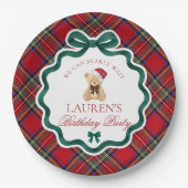 Red Tartan Plaid Christmas Bear Birthday Party  Papieren Bordje (Voorkant)