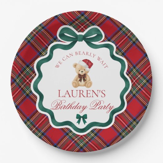 Red Tartan Plaid Christmas Bear Birthday Party  Papieren Bordje (Voorkant)
