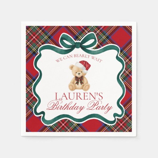 Red Tartan Plaid Christmas Bear Birthday Party Servet (Voorkant)