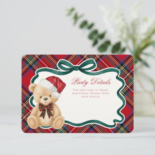 Red Tartan Plaid Christmas Bear Details Informatiekaartje (Staand voorkant)