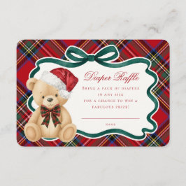 Red Tartan Plaid Christmas Bear Diaper Raffle Informatiekaartje