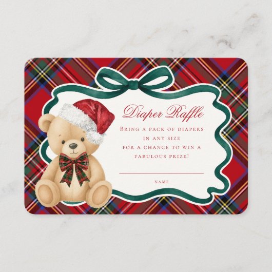 Red Tartan Plaid Christmas Bear Diaper Raffle Informatiekaartje (Voorkant)