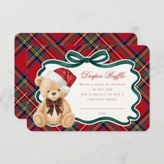 Red Tartan Plaid Christmas Bear Diaper Raffle Informatiekaartje (Voorkant / Achterkant)