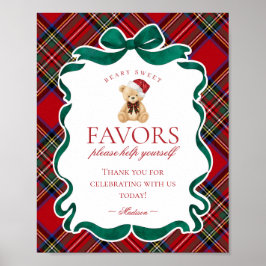 Red Tartan Plaid Christmas Bear Party Favor Sign Poster