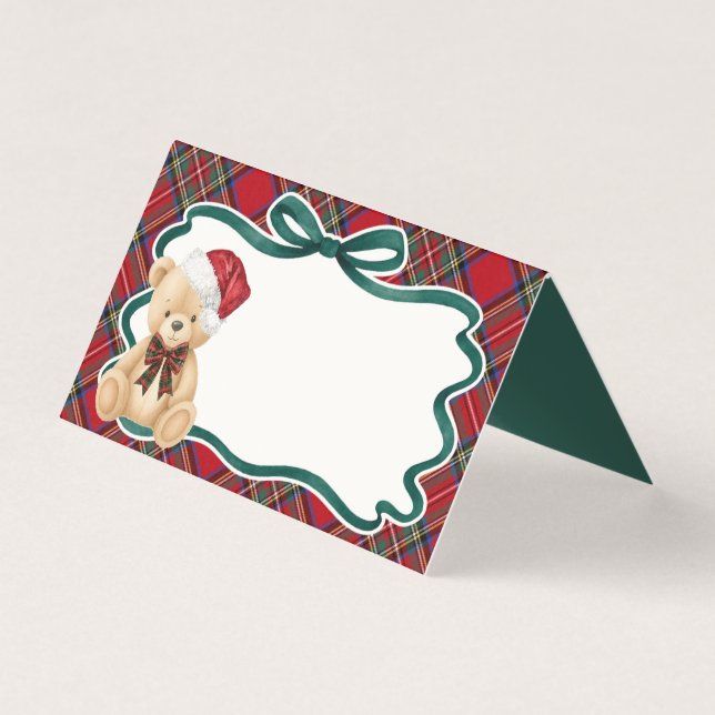 Red Tartan Plaid Christmas Bear Table Place Card Kaart (Voorkant)
