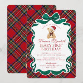 Red Tartan Plaid Christmas Beary First Birthday Kaart (Voorkant / Achterkant)