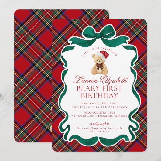 Red Tartan Plaid Christmas Beary First Birthday Kaart (Voorkant / Achterkant)