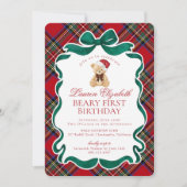 Red Tartan Plaid Christmas Beary First Birthday Kaart (Voorkant)