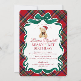 Red Tartan Plaid Christmas Beary First Birthday Kaart