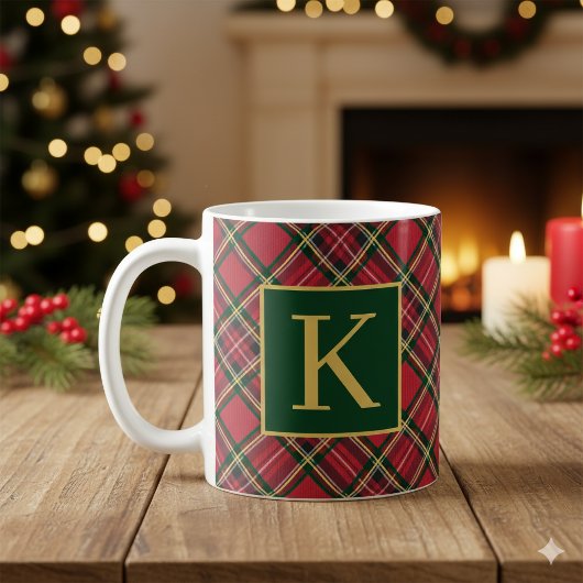 Red Tartan Plaid Gold Monogram Koffiemok