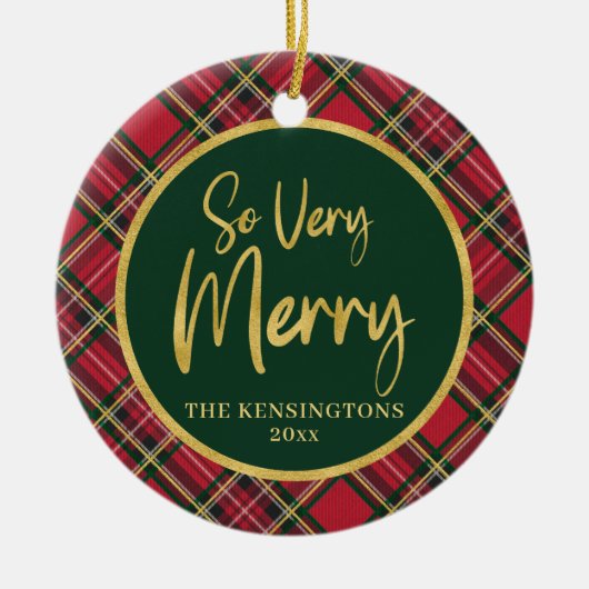 Red Tartan Plaid Gold Script Kerst Keramisch Ornament (Voorkant)