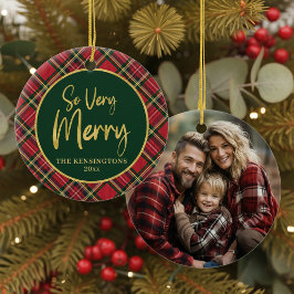 Red Tartan Plaid Gold Script Kerst Keramisch Ornament