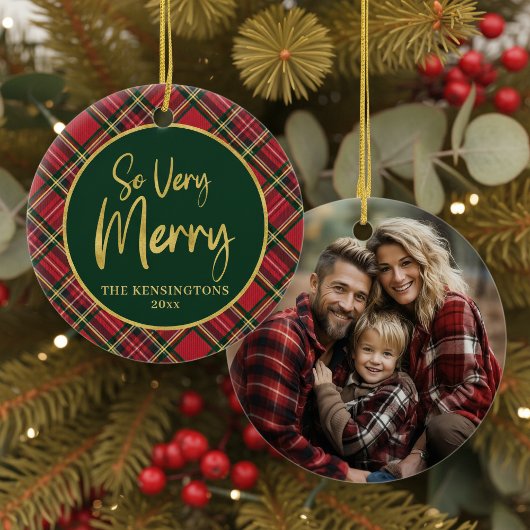 Red Tartan Plaid Gold Script Kerst Keramisch Ornament