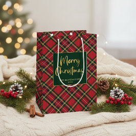 Red Tartan Plaid Gold Script Vrolijk kerstfeest Medium Cadeauzakje