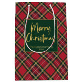 Red Tartan Plaid Gold Script Vrolijk kerstfeest Medium Cadeauzakje (Voorkant)