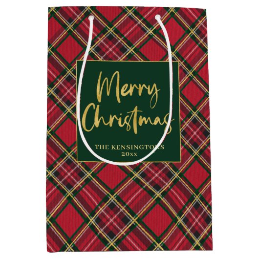 Red Tartan Plaid Gold Script Vrolijk kerstfeest Medium Cadeauzakje (Voorkant)