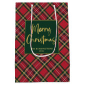 Red Tartan Plaid Gold Script Vrolijk kerstfeest Medium Cadeauzakje (Achterkant)